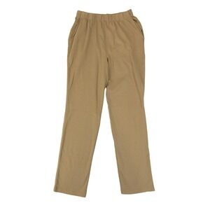 Lands End Sport Knit Pants Womens S Tall Tan Elastic Waist Cotton Straight Leg